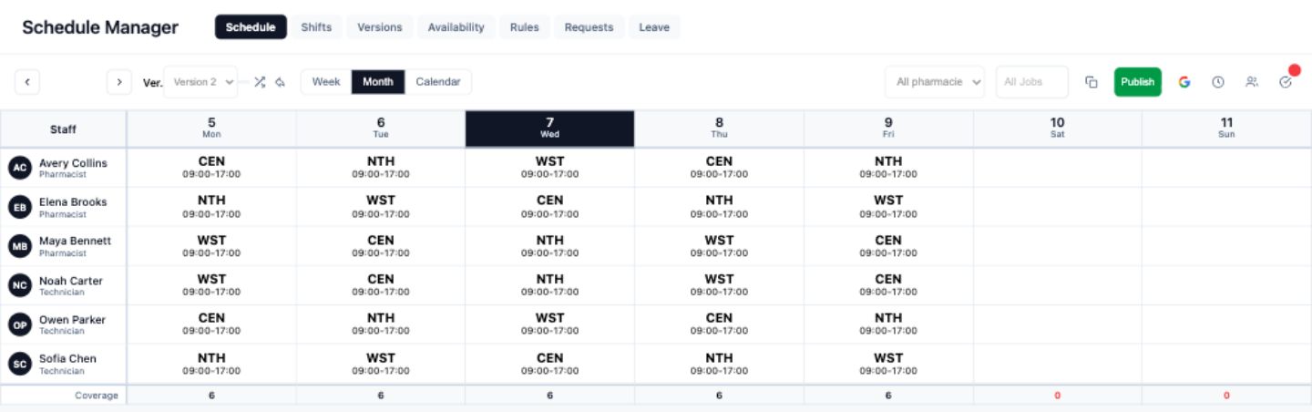 Robo-hr + Robo-biz · Scheduling product screen with demonstration data