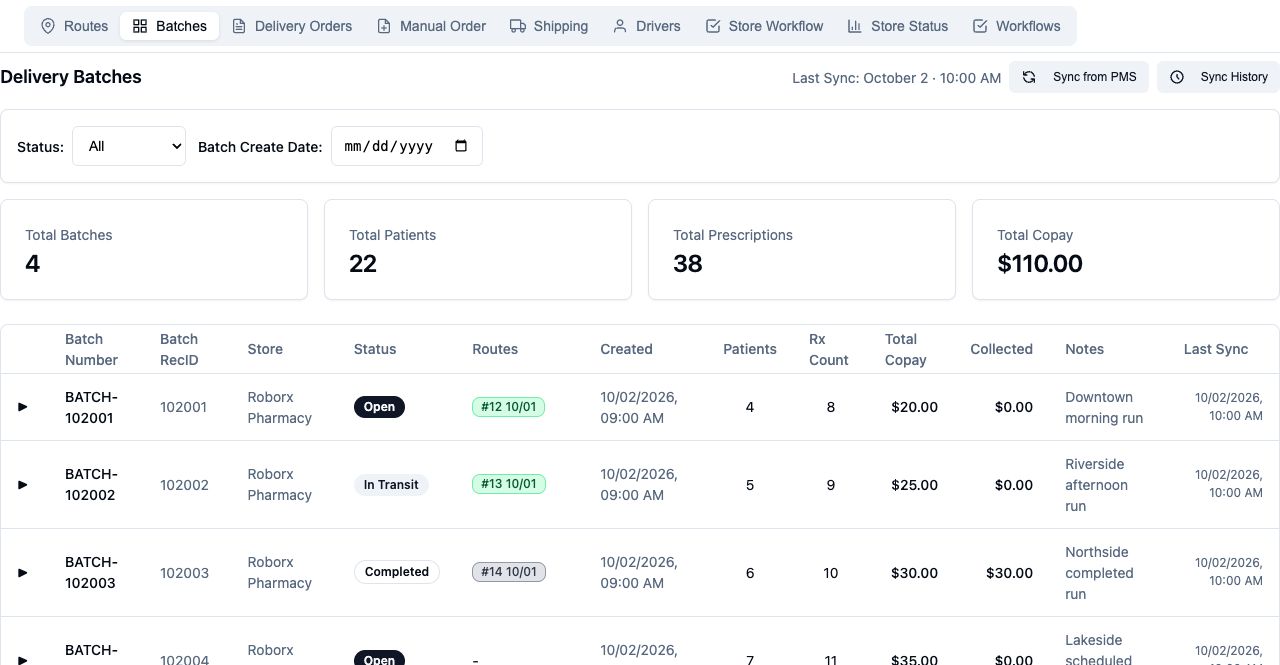 RoboRx delivery dispatch workspace