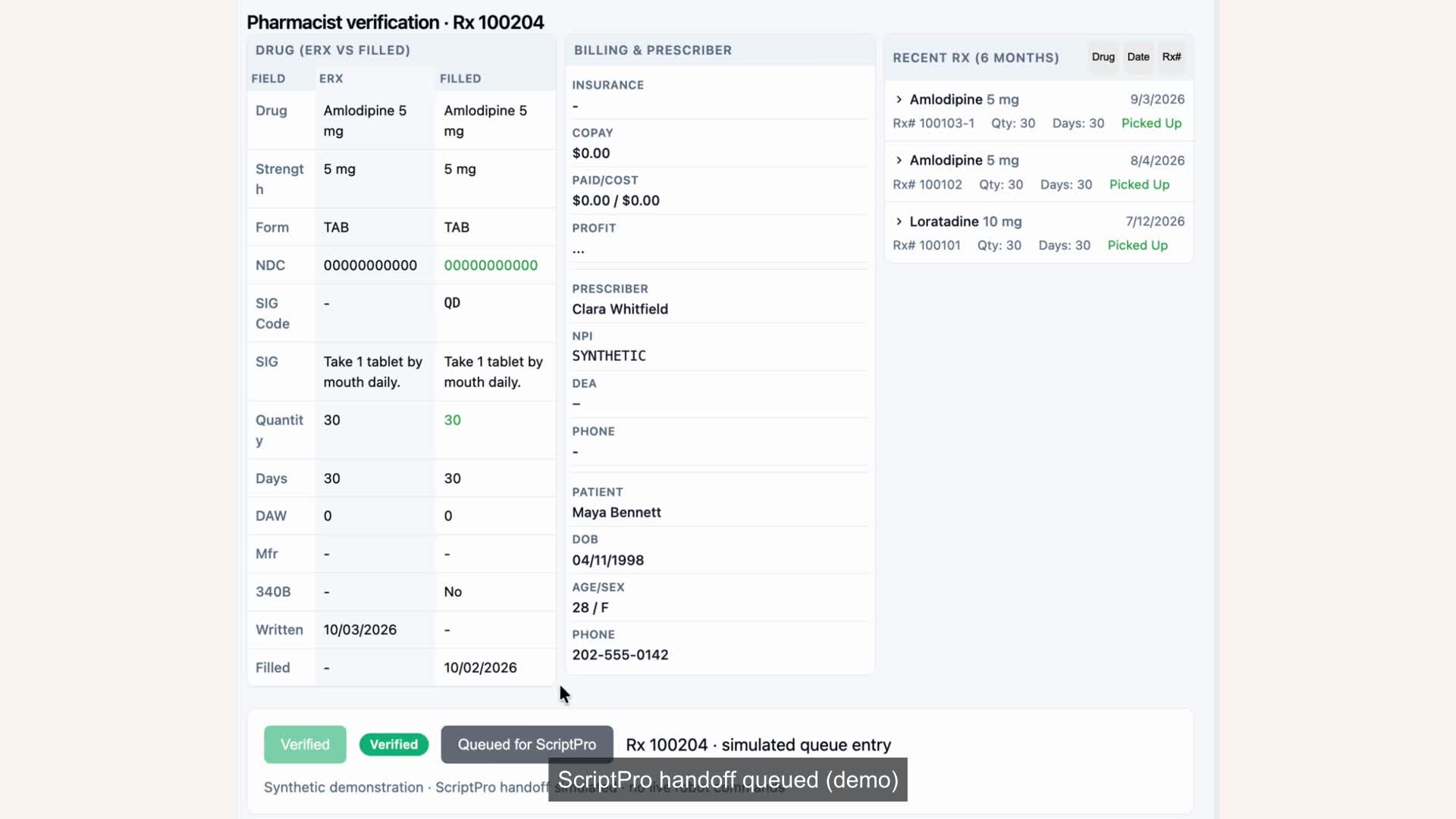 RoboRx Rx details and pharmacist verification workflow with synthetic records