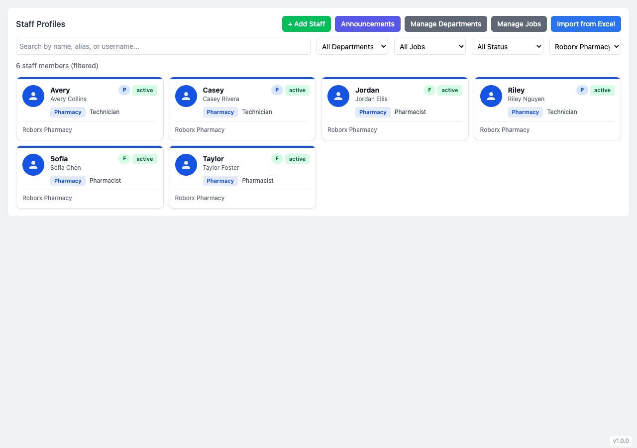 RoboRx Human Resource product screen with demonstration data