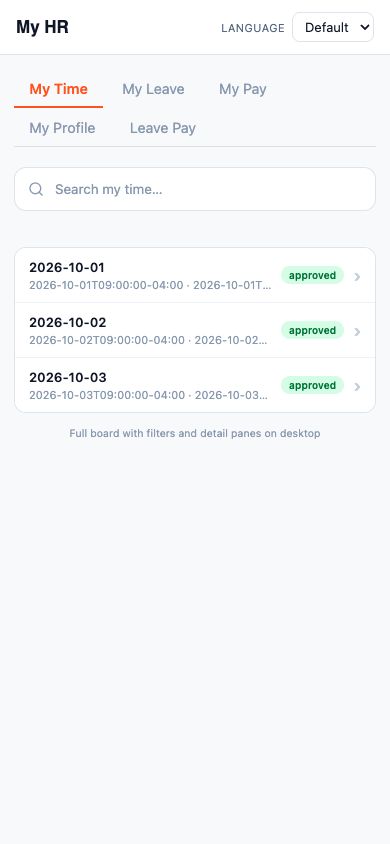 Robo-hr · Staff app / My Time product screen with demonstration data