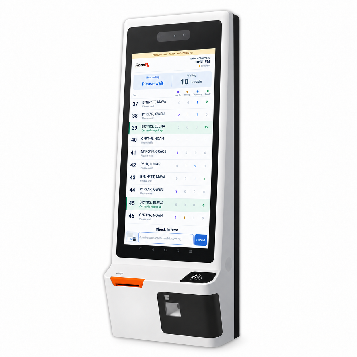 SUNMI kiosk machine with the RoboRx Android will-call app