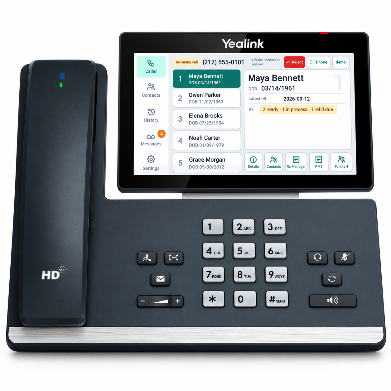 Yealink desk phone showing the RoboRx caller and prescription UI