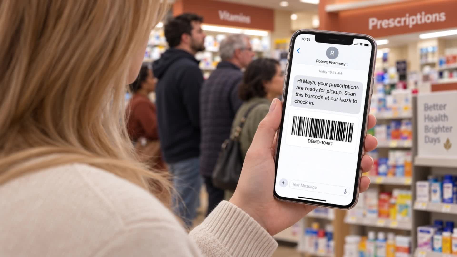 RoboRx pickup workflow video frame with a synthetic prescription barcode